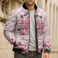 Personalized In October We Wear Pink Bomber Puffer Jacket Pink Pretty Bow Pastel Gingham - Wonder Print Shop