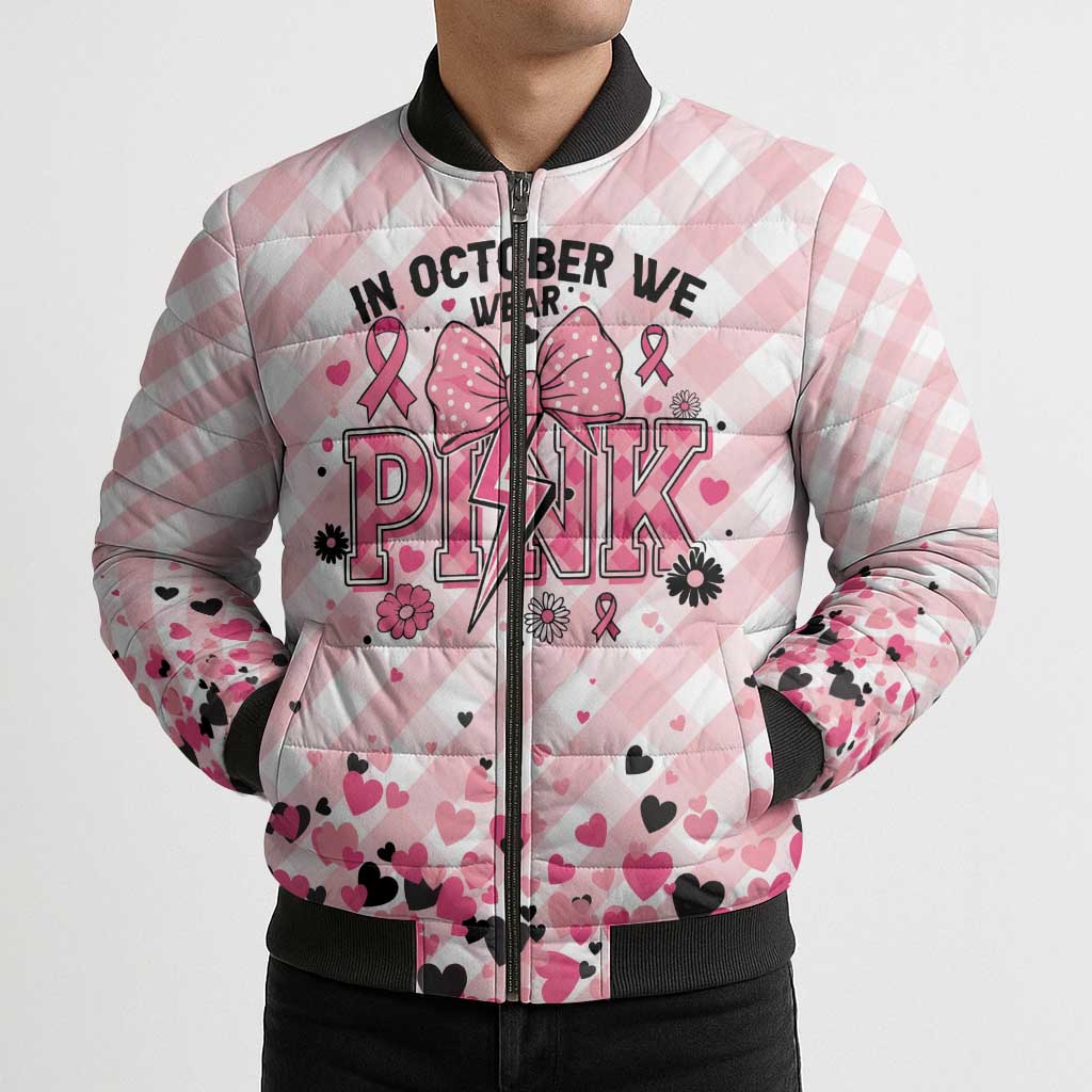 Personalized In October We Wear Pink Bomber Puffer Jacket Pink Pretty Bow Pastel Gingham - Wonder Print Shop