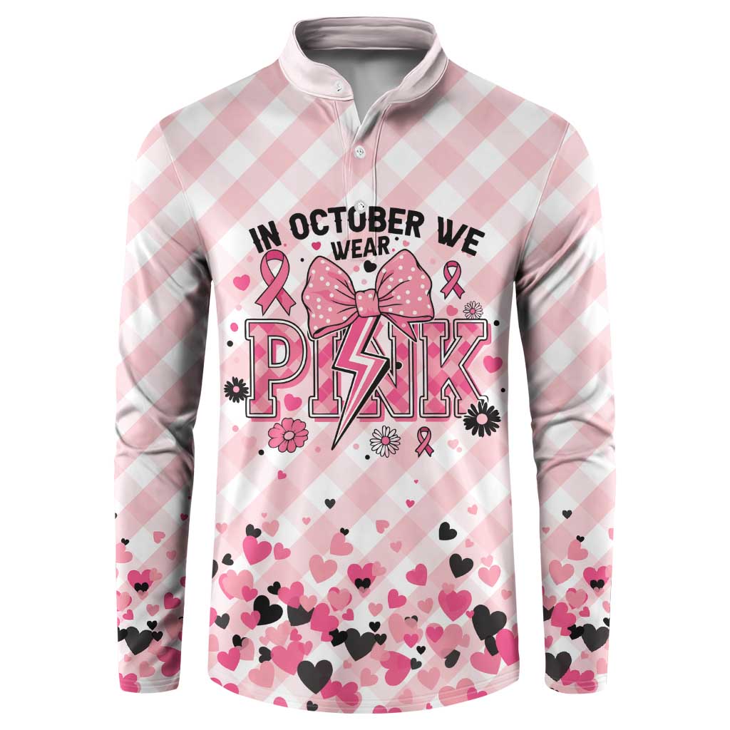 Personalized In October We Wear Pink Button Sweatshirt Pink Pretty Bow Pastel Gingham - Wonder Print Shop
