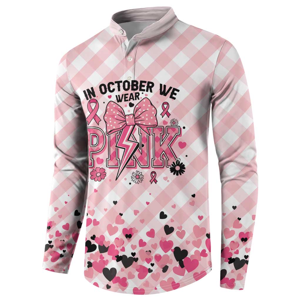 Personalized In October We Wear Pink Button Sweatshirt Pink Pretty Bow Pastel Gingham - Wonder Print Shop