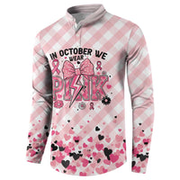 Personalized In October We Wear Pink Button Sweatshirt Pink Pretty Bow Pastel Gingham - Wonder Print Shop