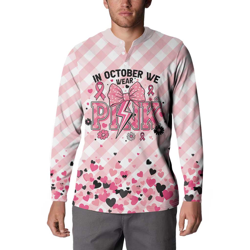 Personalized In October We Wear Pink Button Sweatshirt Pink Pretty Bow Pastel Gingham - Wonder Print Shop