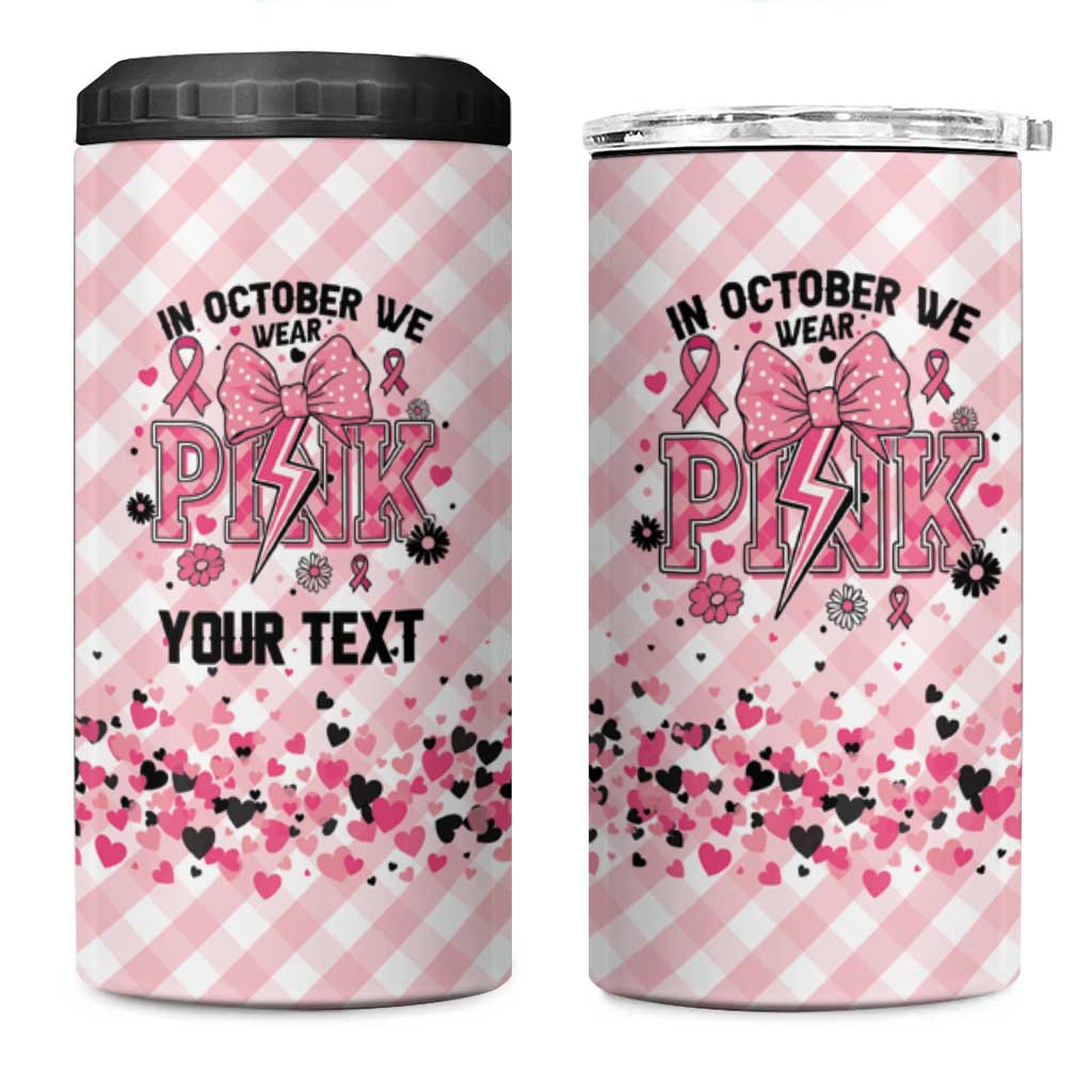 Personalized In October We Wear Pink 4 in 1 Can Cooler Tumbler Pink Pretty Bow Pastel Gingham - Wonder Print Shop