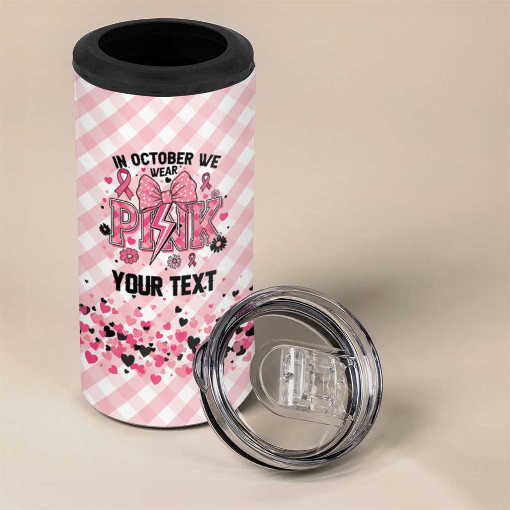 Personalized In October We Wear Pink 4 in 1 Can Cooler Tumbler Pink Pretty Bow Pastel Gingham - Wonder Print Shop
