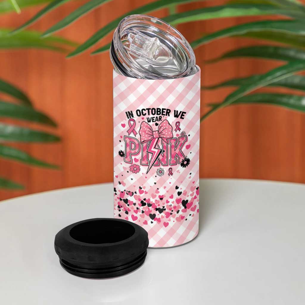 Personalized In October We Wear Pink 4 in 1 Can Cooler Tumbler Pink Pretty Bow Pastel Gingham - Wonder Print Shop