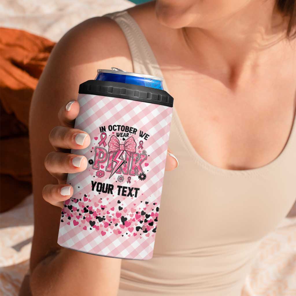 Personalized In October We Wear Pink 4 in 1 Can Cooler Tumbler Pink Pretty Bow Pastel Gingham - Wonder Print Shop