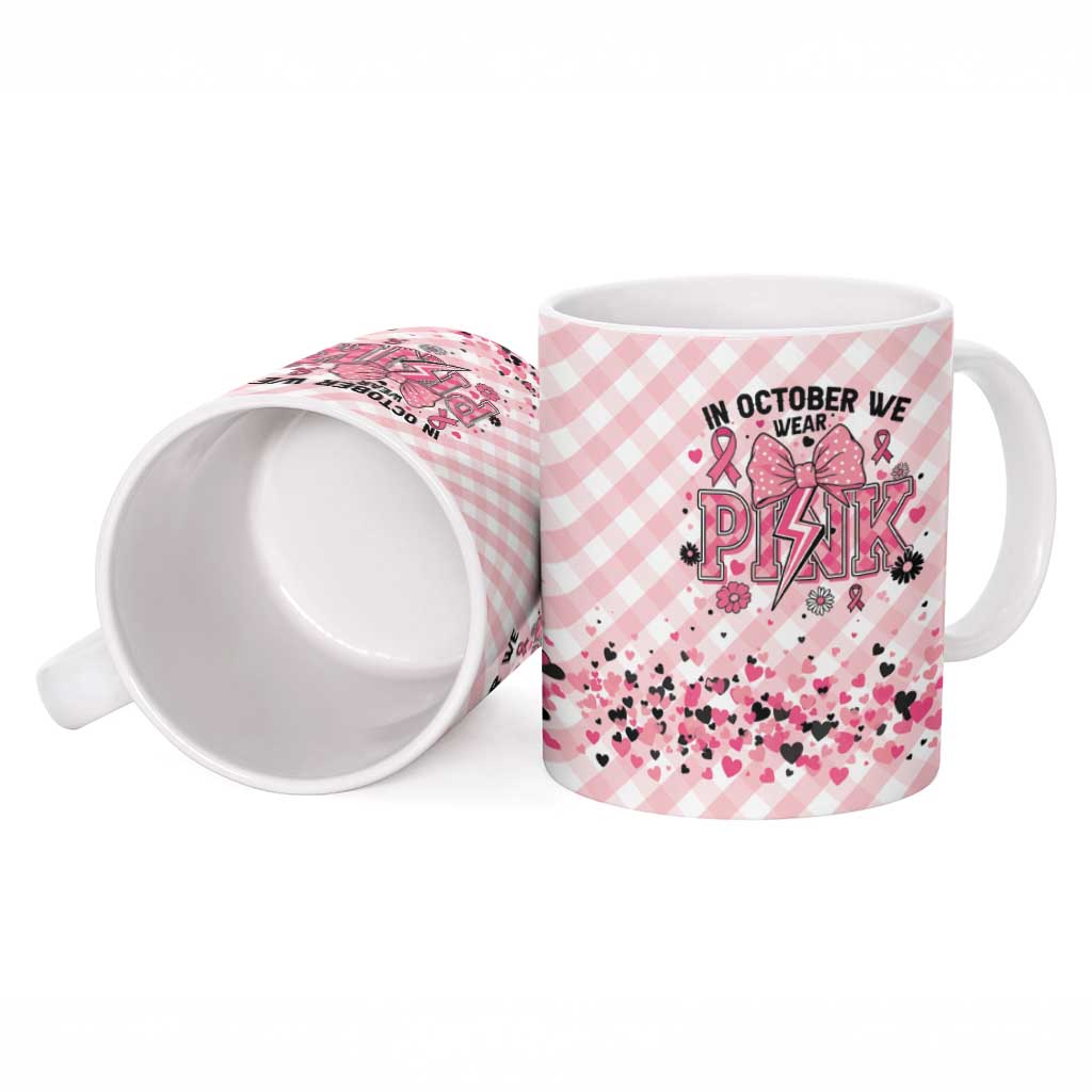 Personalized In October We Wear Pink Ceramic Mug Pink Pretty Bow Pastel Gingham - Wonder Print Shop