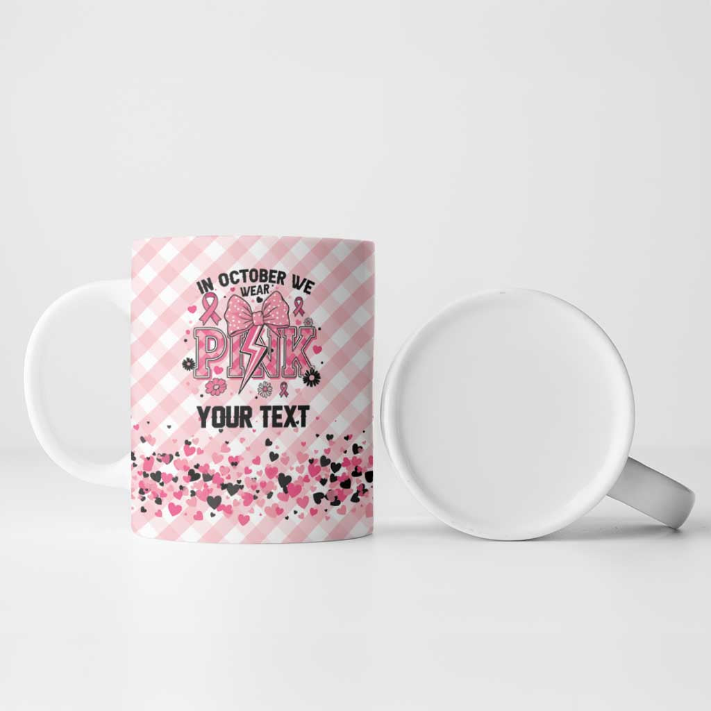 Personalized In October We Wear Pink Ceramic Mug Pink Pretty Bow Pastel Gingham - Wonder Print Shop