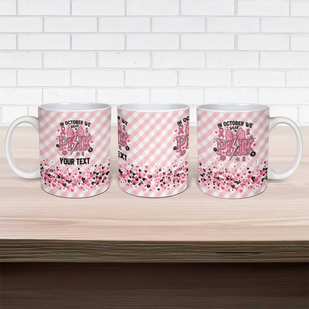 Personalized In October We Wear Pink Ceramic Mug Pink Pretty Bow Pastel Gingham - Wonder Print Shop