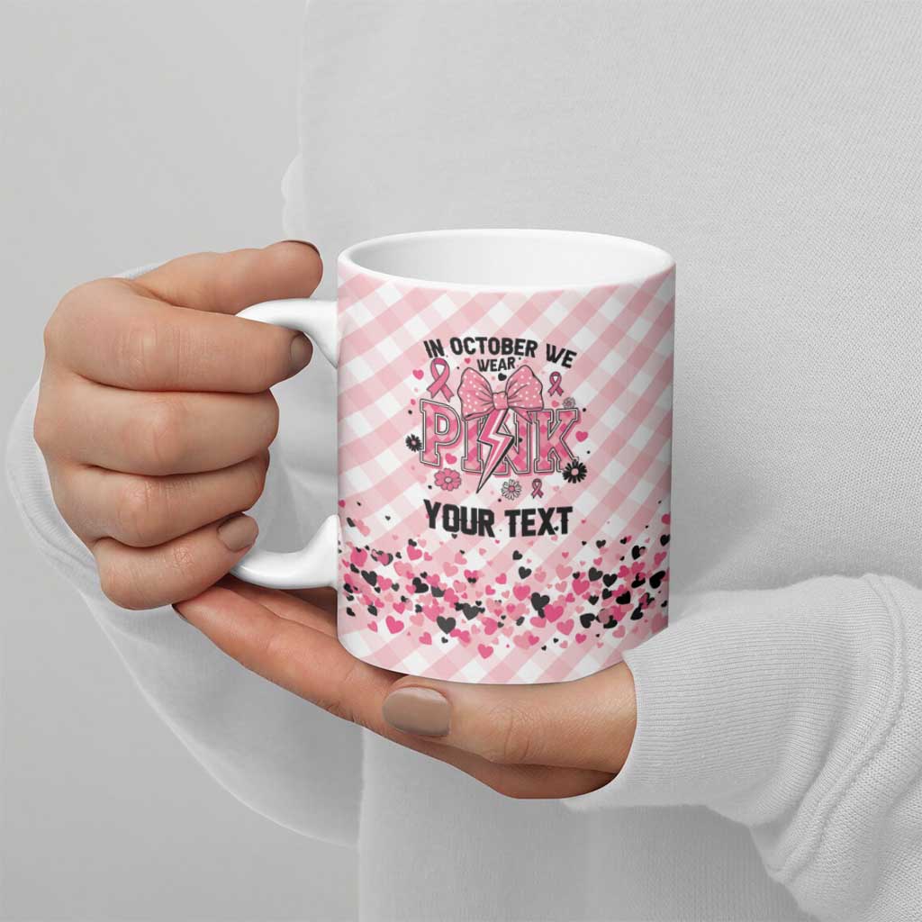 Personalized In October We Wear Pink Ceramic Mug Pink Pretty Bow Pastel Gingham - Wonder Print Shop