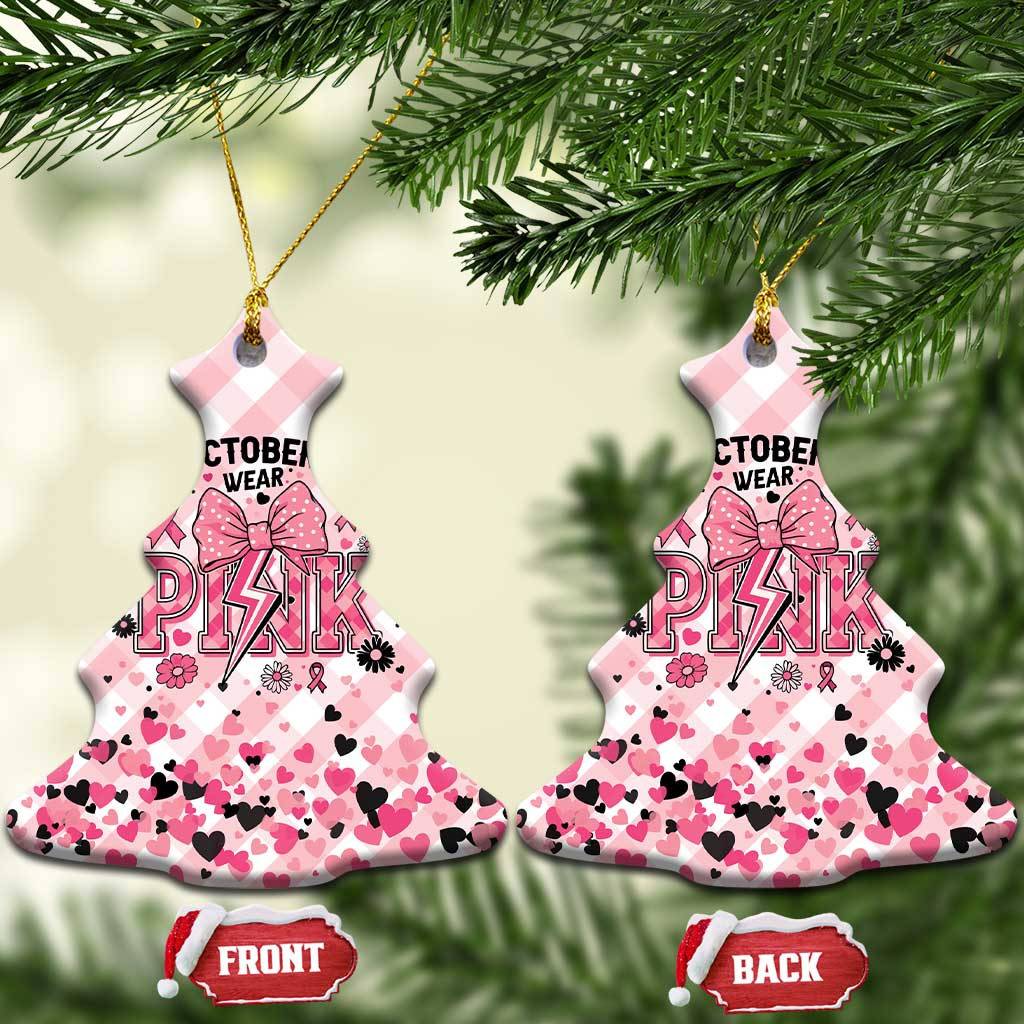 In October We Wear Pink Ceramic Ornament Pink Pretty Bow Pastel Gingham - Wonder Print Shop