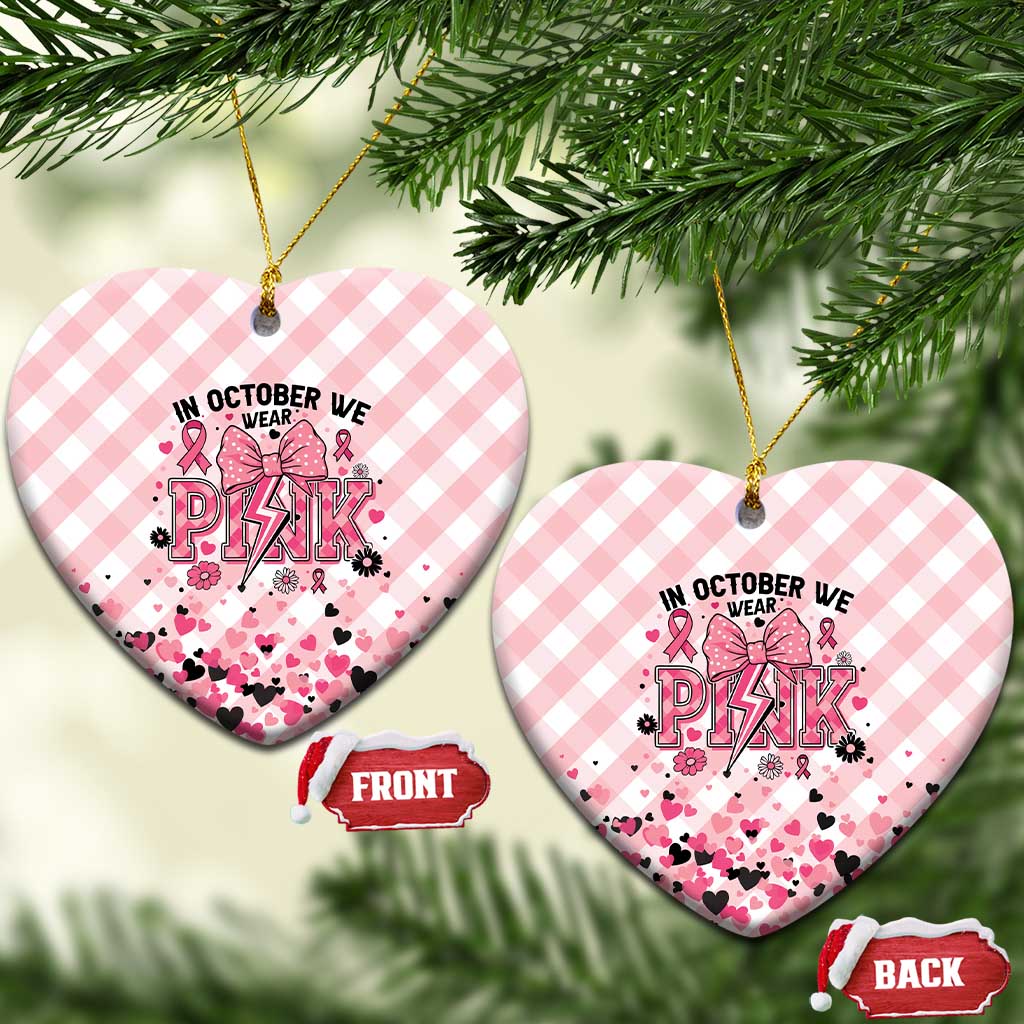 In October We Wear Pink Ceramic Ornament Pink Pretty Bow Pastel Gingham - Wonder Print Shop
