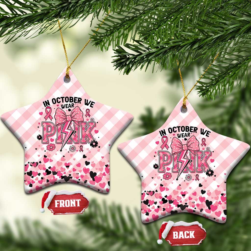 In October We Wear Pink Ceramic Ornament Pink Pretty Bow Pastel Gingham - Wonder Print Shop