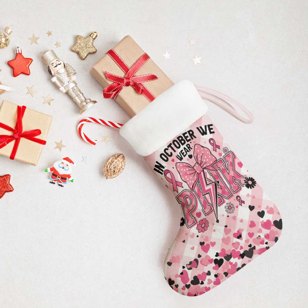 In October We Wear Pink Christmas Stocking Pink Pretty Bow Pastel Gingham - Wonder Print Shop