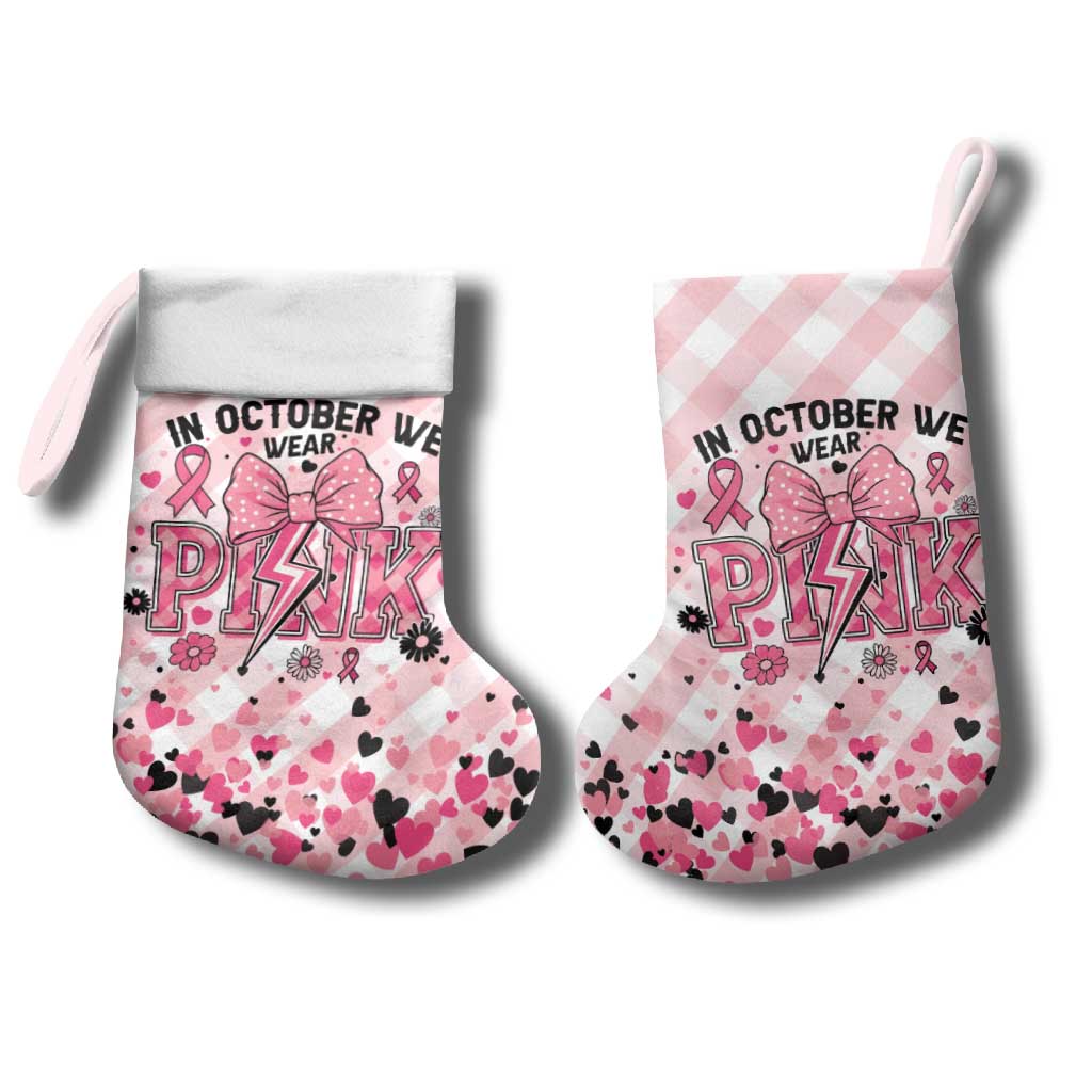 In October We Wear Pink Christmas Stocking Pink Pretty Bow Pastel Gingham - Wonder Print Shop