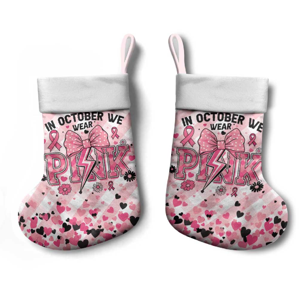 In October We Wear Pink Christmas Stocking Pink Pretty Bow Pastel Gingham - Wonder Print Shop