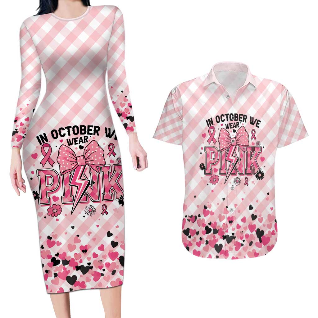 Personalized In October We Wear Pink Couples Matching Long Sleeve Bodycon Dress and Hawaiian Shirt Pink Pretty Bow Pastel Gingham - Wonder Print Shop