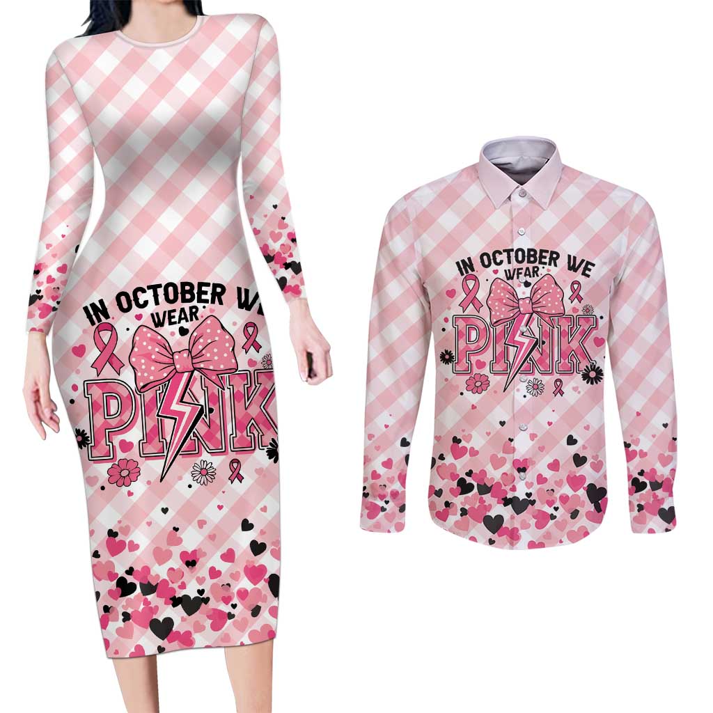 Personalized In October We Wear Pink Couples Matching Long Sleeve Bodycon Dress and Long Sleeve Button Shirt Pink Pretty Bow Pastel Gingham - Wonder Print Shop