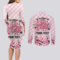 Personalized In October We Wear Pink Couples Matching Long Sleeve Bodycon Dress and Long Sleeve Button Shirt Pink Pretty Bow Pastel Gingham - Wonder Print Shop