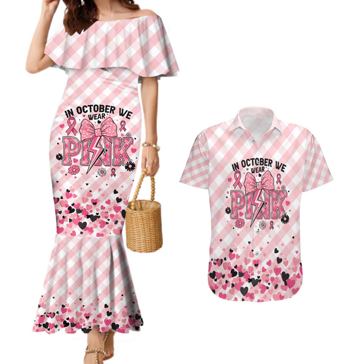 Personalized In October We Wear Pink Couples Matching Mermaid Dress and Hawaiian Shirt Pink Pretty Bow Pastel Gingham - Wonder Print Shop