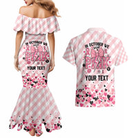 Personalized In October We Wear Pink Couples Matching Mermaid Dress and Hawaiian Shirt Pink Pretty Bow Pastel Gingham - Wonder Print Shop
