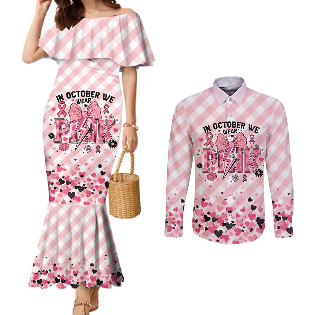 Personalized In October We Wear Pink Couples Matching Mermaid Dress and Long Sleeve Button Shirt Pink Pretty Bow Pastel Gingham - Wonder Print Shop