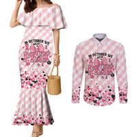 Personalized In October We Wear Pink Couples Matching Mermaid Dress and Long Sleeve Button Shirt Pink Pretty Bow Pastel Gingham - Wonder Print Shop