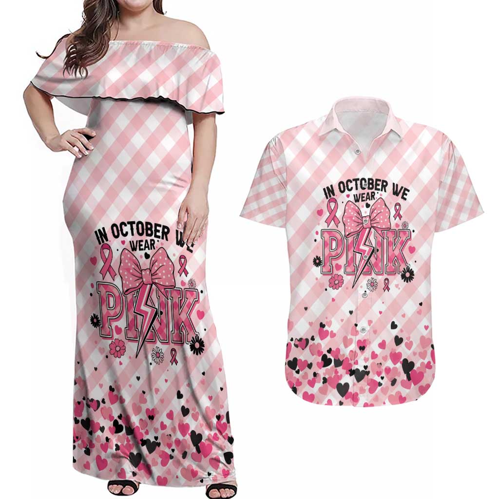 Personalized In October We Wear Pink Couples Matching Off Shoulder Maxi Dress and Hawaiian Shirt Pink Pretty Bow Pastel Gingham - Wonder Print Shop