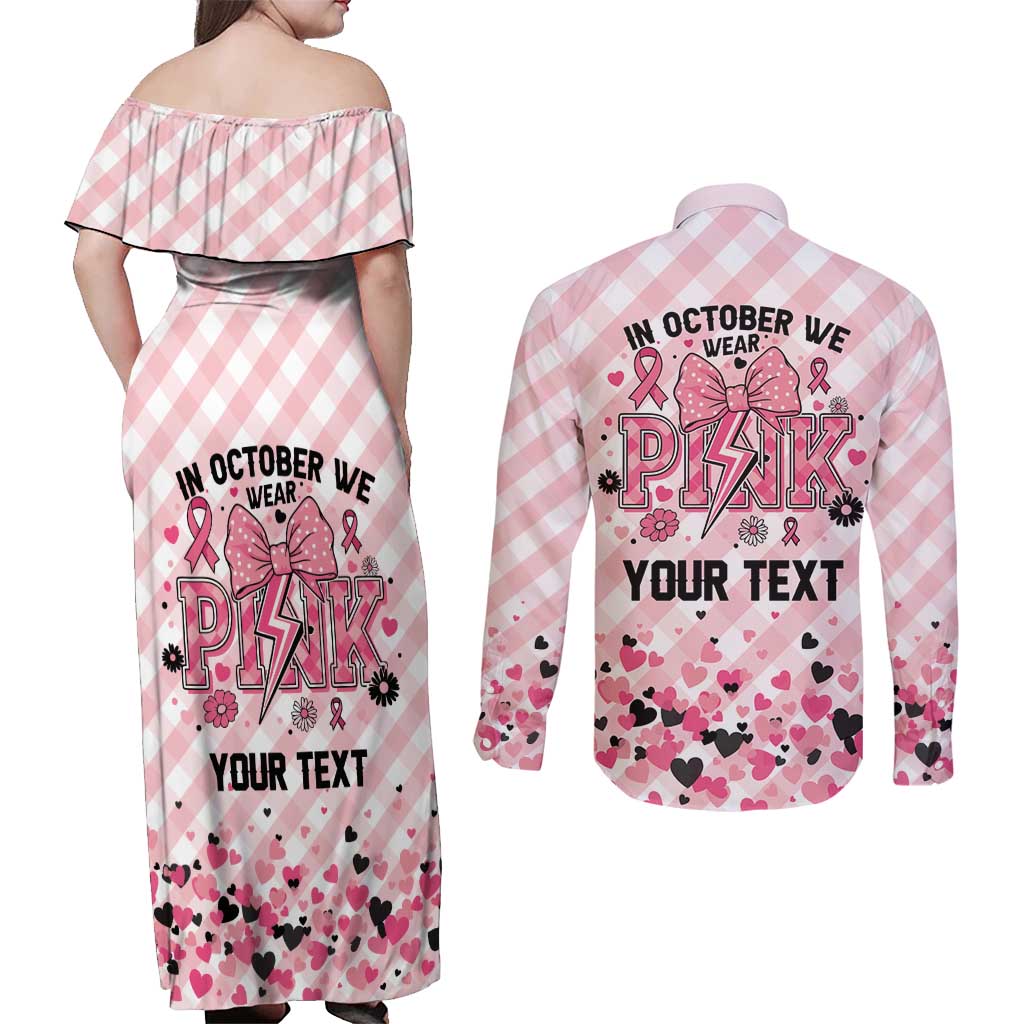 Personalized In October We Wear Pink Couples Matching Off Shoulder Maxi Dress and Long Sleeve Button Shirt Pink Pretty Bow Pastel Gingham - Wonder Print Shop