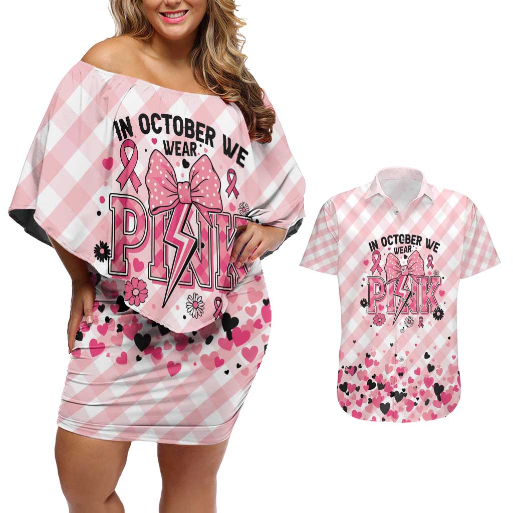 Personalized In October We Wear Pink Couples Matching Off Shoulder Short Dress and Hawaiian Shirt Pink Pretty Bow Pastel Gingham - Wonder Print Shop