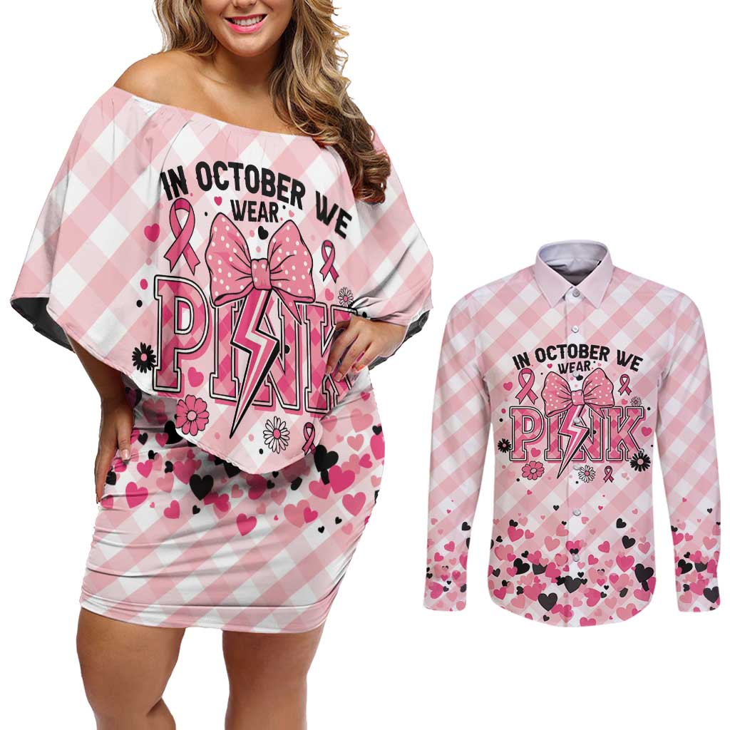 Personalized In October We Wear Pink Couples Matching Off Shoulder Short Dress and Long Sleeve Button Shirt Pink Pretty Bow Pastel Gingham - Wonder Print Shop