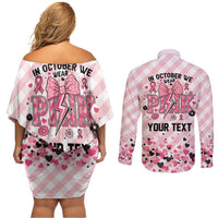 Personalized In October We Wear Pink Couples Matching Off Shoulder Short Dress and Long Sleeve Button Shirt Pink Pretty Bow Pastel Gingham - Wonder Print Shop