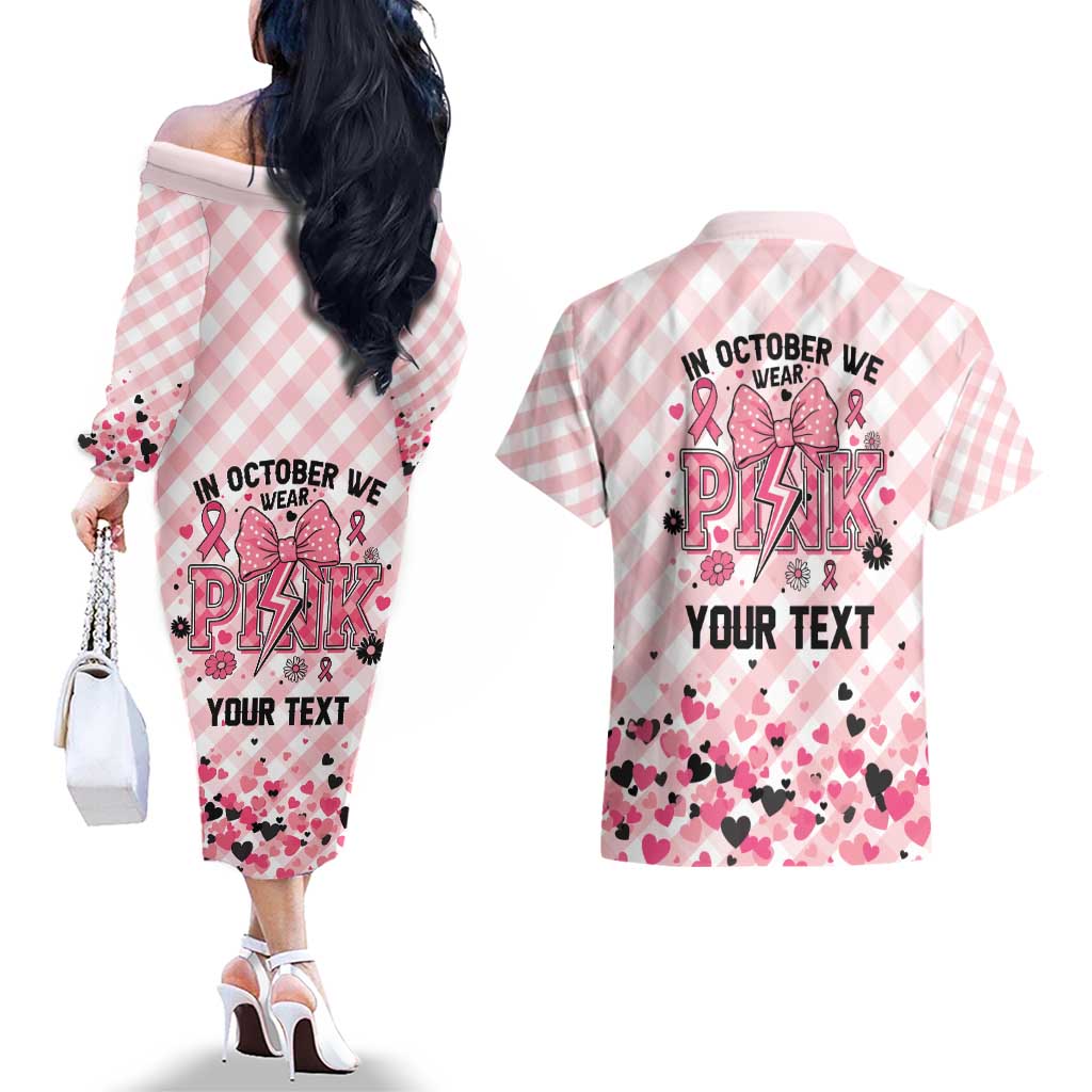 Personalized In October We Wear Pink Couples Matching Off The Shoulder Long Sleeve Dress and Hawaiian Shirt Pink Pretty Bow Pastel Gingham - Wonder Print Shop