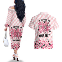 Personalized In October We Wear Pink Couples Matching Off The Shoulder Long Sleeve Dress and Hawaiian Shirt Pink Pretty Bow Pastel Gingham - Wonder Print Shop
