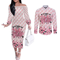 Personalized In October We Wear Pink Couples Matching Off The Shoulder Long Sleeve Dress and Long Sleeve Button Shirt Pink Pretty Bow Pastel Gingham - Wonder Print Shop