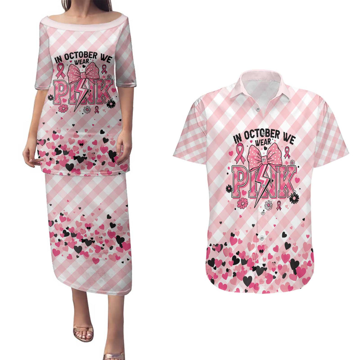Personalized In October We Wear Pink Couples Matching Puletasi and Hawaiian Shirt Pink Pretty Bow Pastel Gingham - Wonder Print Shop