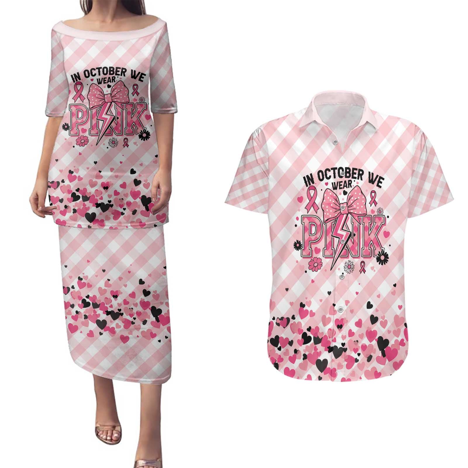 Personalized In October We Wear Pink Couples Matching Puletasi and Hawaiian Shirt Pink Pretty Bow Pastel Gingham - Wonder Print Shop