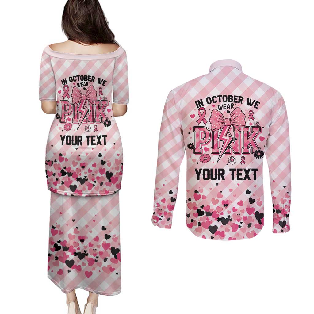 Personalized In October We Wear Pink Couples Matching Puletasi and Long Sleeve Button Shirt Pink Pretty Bow Pastel Gingham - Wonder Print Shop