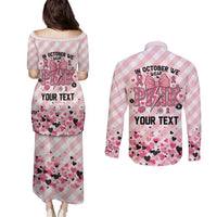 Personalized In October We Wear Pink Couples Matching Puletasi and Long Sleeve Button Shirt Pink Pretty Bow Pastel Gingham - Wonder Print Shop