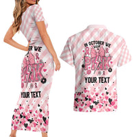 Personalized In October We Wear Pink Couples Matching Short Sleeve Bodycon Dress and Hawaiian Shirt Pink Pretty Bow Pastel Gingham - Wonder Print Shop
