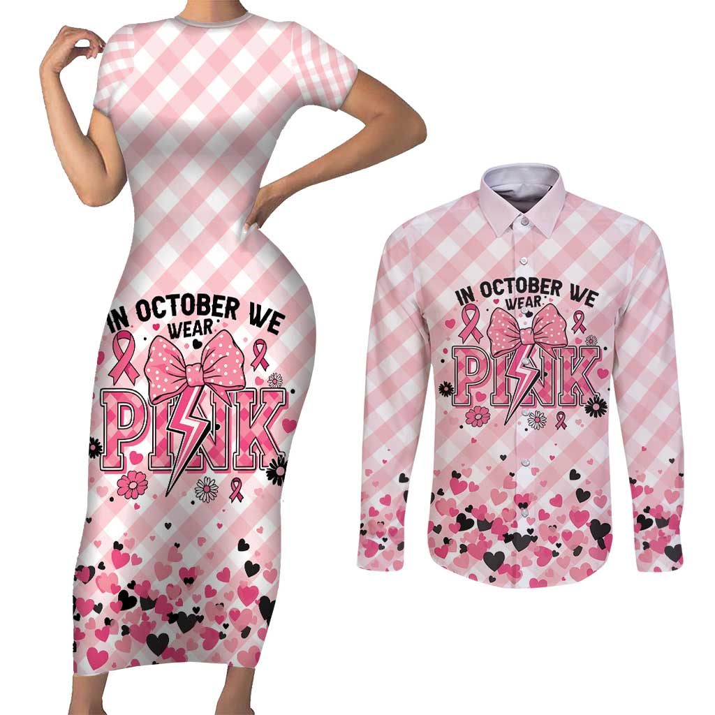 Personalized In October We Wear Pink Couples Matching Short Sleeve Bodycon Dress and Long Sleeve Button Shirt Pink Pretty Bow Pastel Gingham - Wonder Print Shop