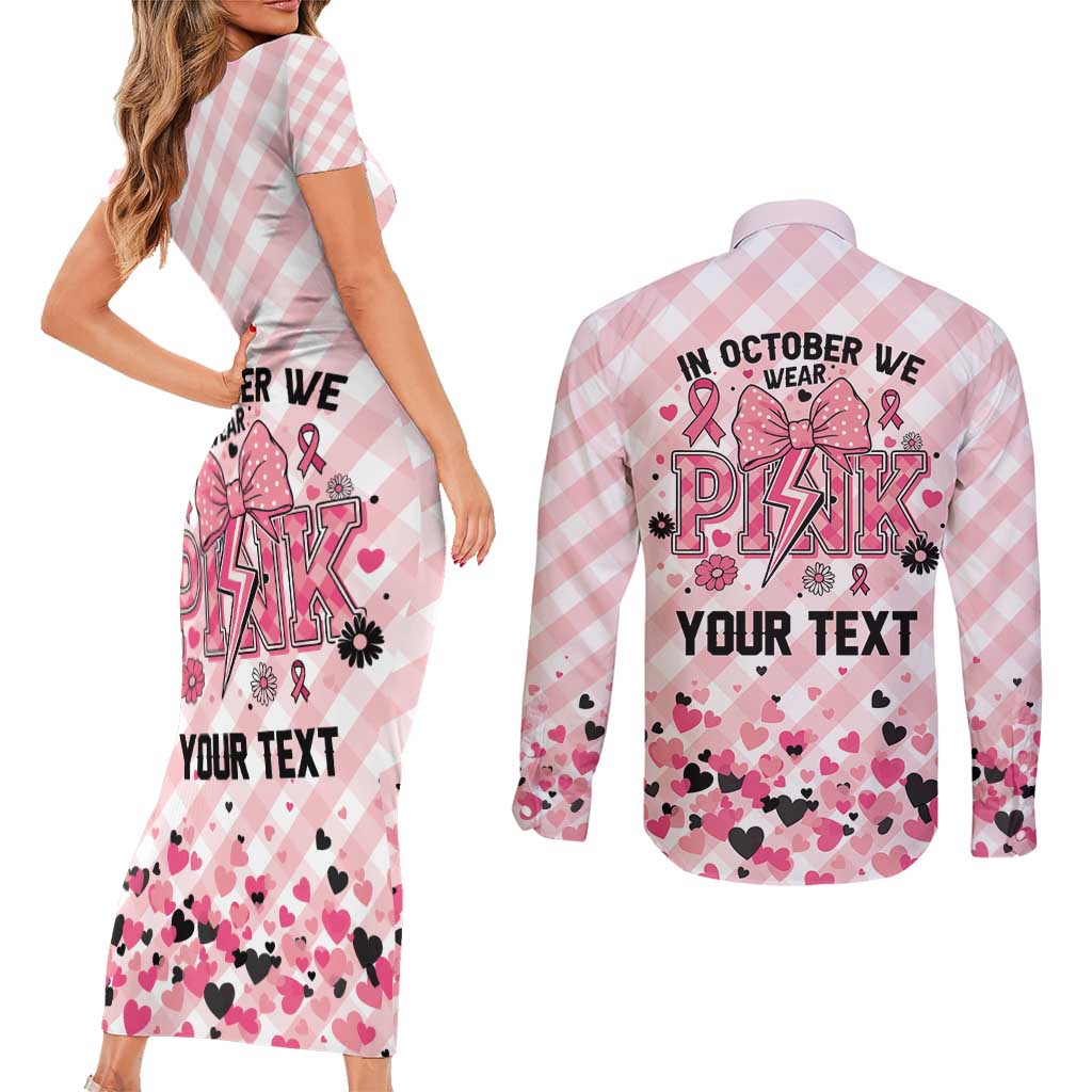 Personalized In October We Wear Pink Couples Matching Short Sleeve Bodycon Dress and Long Sleeve Button Shirt Pink Pretty Bow Pastel Gingham - Wonder Print Shop