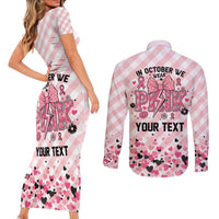 Personalized In October We Wear Pink Couples Matching Short Sleeve Bodycon Dress and Long Sleeve Button Shirt Pink Pretty Bow Pastel Gingham - Wonder Print Shop