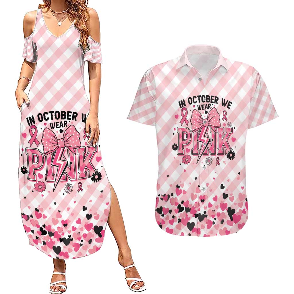 Personalized In October We Wear Pink Couples Matching Summer Maxi Dress and Hawaiian Shirt Pink Pretty Bow Pastel Gingham - Wonder Print Shop