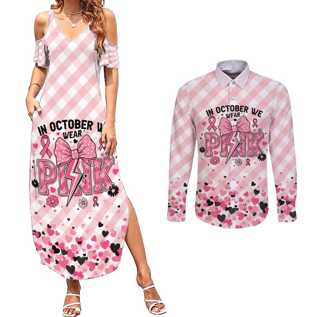 Personalized In October We Wear Pink Couples Matching Summer Maxi Dress and Long Sleeve Button Shirt Pink Pretty Bow Pastel Gingham - Wonder Print Shop