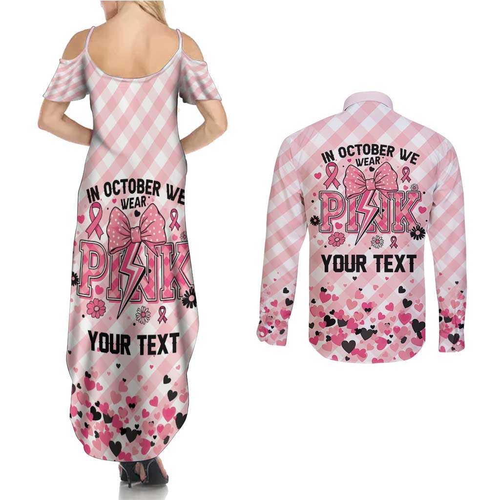 Personalized In October We Wear Pink Couples Matching Summer Maxi Dress and Long Sleeve Button Shirt Pink Pretty Bow Pastel Gingham - Wonder Print Shop