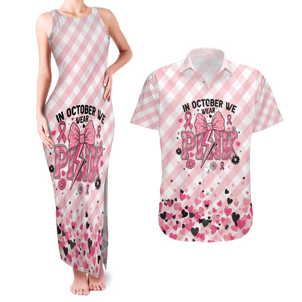 Personalized In October We Wear Pink Couples Matching Tank Maxi Dress and Hawaiian Shirt Pink Pretty Bow Pastel Gingham - Wonder Print Shop