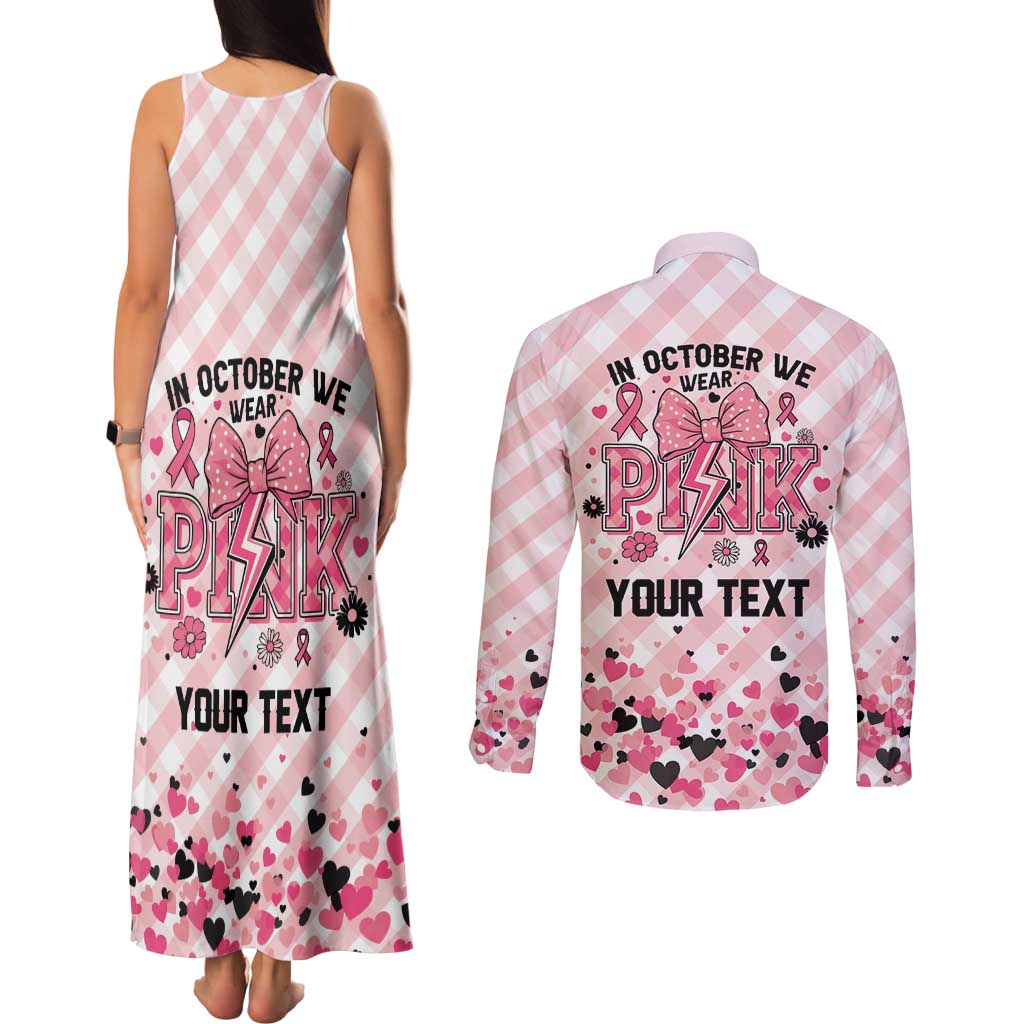 Personalized In October We Wear Pink Couples Matching Tank Maxi Dress and Long Sleeve Button Shirt Pink Pretty Bow Pastel Gingham - Wonder Print Shop