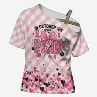 Personalized In October We Wear Pink Cross Shoulder Shirt Pink Pretty Bow Pastel Gingham - Wonder Print Shop