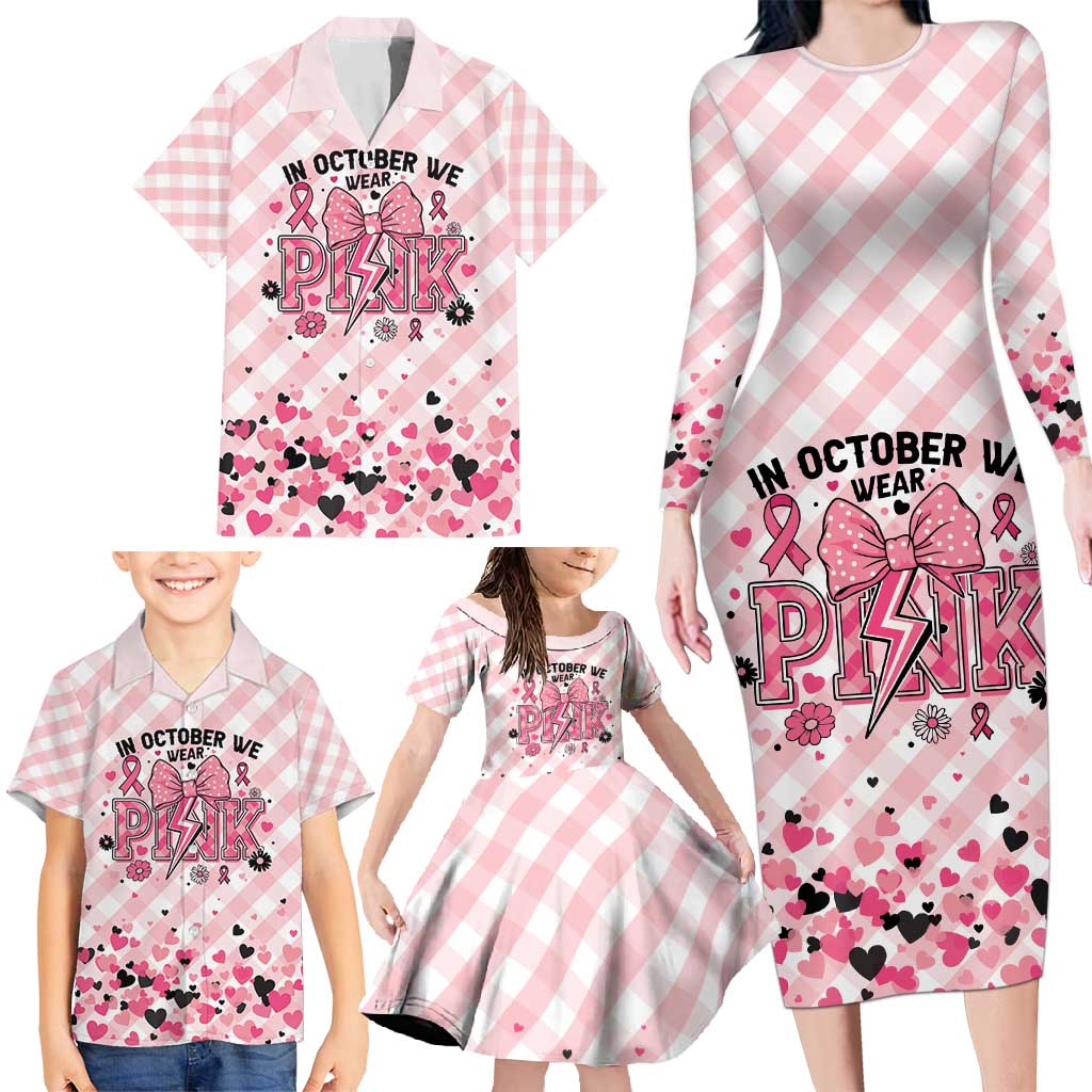 Personalized In October We Wear Pink Family Matching Long Sleeve Bodycon Dress and Hawaiian Shirt Pink Pretty Bow Pastel Gingham - Wonder Print Shop